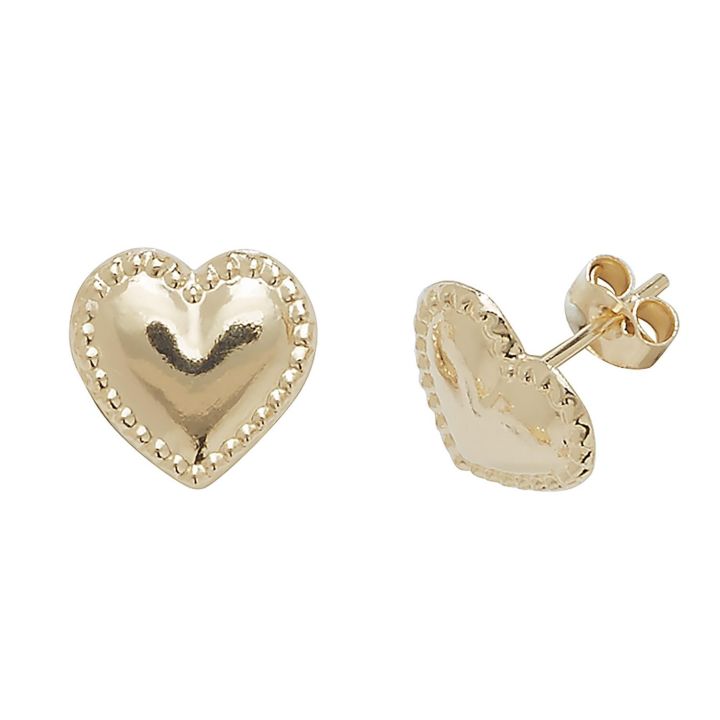 9ct Yellow Gold Beaded Heart Stud Earrings