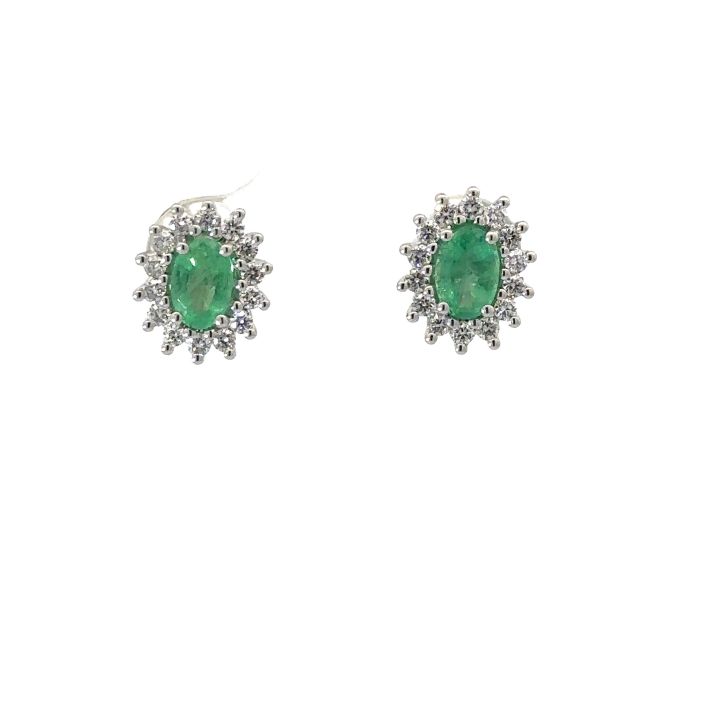 9ct White Gold Emerald & Diamond Oval Cluster Stud Earrings
