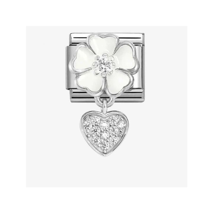 Nomination White Flower Heart Dropper Charm