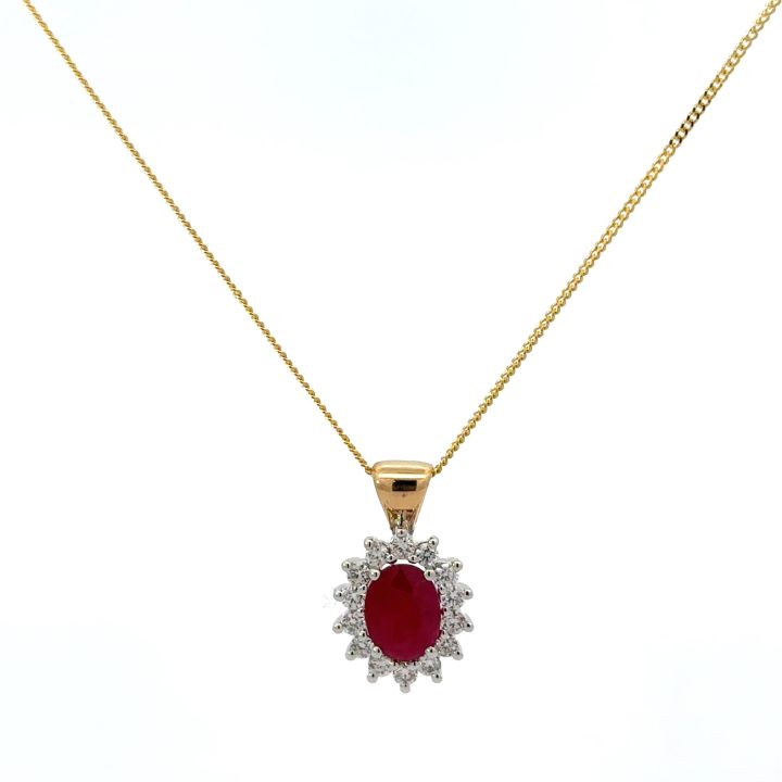 18ct Yellow & White Gold Ruby & Diamond Oval Cluster Pendant