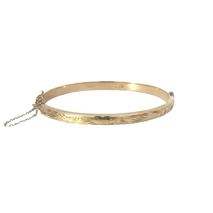 Pre Owned 9ct Yellow Gold Narrow Engraved Bangle