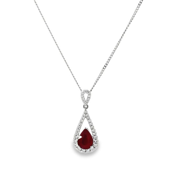 18ct White Gold Pear Shaped Ruby & Diamond Pendant
