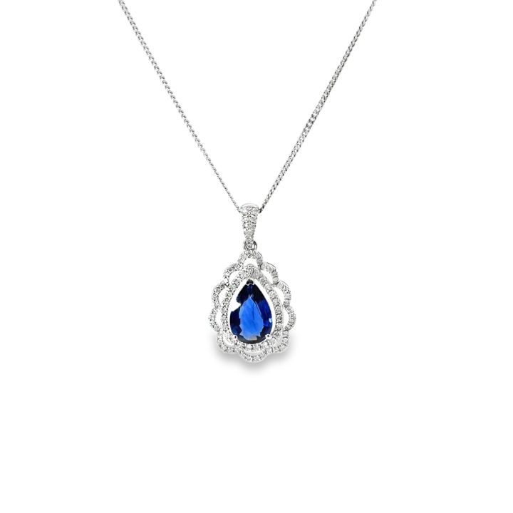 18ct White Gold Fancy Pear Shaped Sapphire & Diamond Cluster Pendant