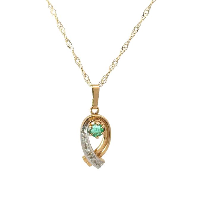Pre Owned 9ct Yellow Gold Open Emerald & Diamond Pendant