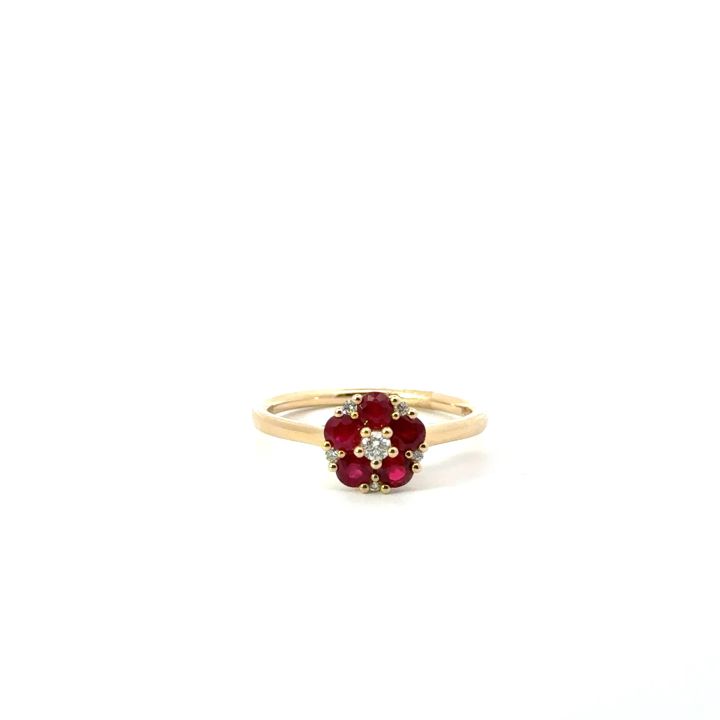 9ct Yellow Gold Ruby and Diamond Flower Cluster Ring