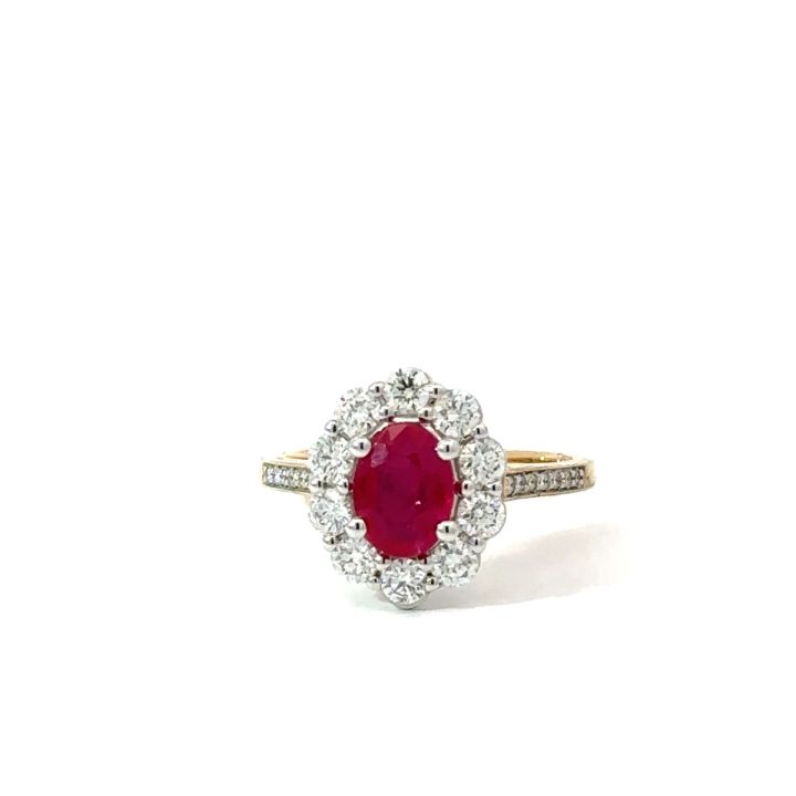 18ct Yellow Gold Oval Ruby & Diamond Cluster Ring